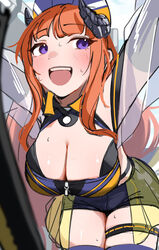  arknights bagpipe_(arknights) bagpipe_(queen_no._1)_(arknights) blush breasts cleavage commentary_request cowboy_shot ert_raitsui female highres horns large_breasts leaning_forward long_hair looking_to_the_side official_alternate_costume open_mouth orange_hair purple_eyes race_queen shorts sidelocks solo standing sweat teeth thigh_strap upper_teeth_only zipper 