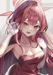  aru_(blue_archive) aru_(dress)_(blue_archive) bare_shoulders blue_archive blunt_bangs blush breasts center-flap_bangs cleavage collarbone commentary curled_horns demon_girl demon_horns dress elbow_gloves eyelashes female formal frown gloves grey_background hair_over_shoulder halo hand_up hands_up highres horns jewelry large_breasts lips long_hair looking_at_viewer necklace open_mouth playing_with_own_hair red_dress red_eyes red_hair red_halo sidelocks simple_background solo strapless strapless_dress suidou_chaahan sweatdrop tsurime upper_body white_gloves 