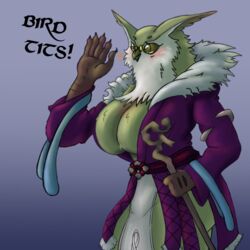  1:1 2024 5_fingers anthro avian beak big_breasts bird black_claws blush breasts chest_tuft claws cleavage clothed clothing curvy_figure dialogue eyebrows eyewear facial_tuft feathers female finger_claws fingers glasses glistening glistening_eyes green_body green_feathers grey_body grey_feathers hi_res holding_object multicolored_body multicolored_feathers non-mammal_breasts open_beak open_mouth owl pupils purple_clothing raised_hand ramona_(unicorn_overlord) robe simple_background solo staff standing talon_hands text tongue tuft two_tone_body two_tone_feathers unicorn_overlord unknown_artist vanillaware yelling yellow_eyes 