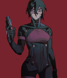  black_hair blue_eyes closed_mouth cowboy_shot cyborg elster_(signalis) female gun hair_between_eyes hand_up hashtag-only_commentary highres holding holding_gun holding_weapon looking_at_viewer multicolored_eyes red_background red_eyes short_hair signalis simple_background solo standing weapon yulei_yuuuuu 