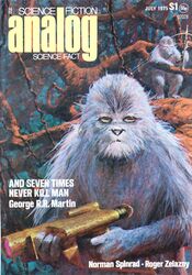  1975 20th_century ambiguous_gender analog_science_fiction ancient_art anthro cover duo forest fur george_r._r._martin hi_res john_schoenherr jungle magazine_cover plant pupils ranged_weapon raygun slit_pupils tree weapon 