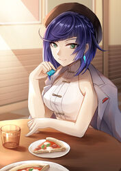  absurdres ankoro bare_arms bare_shoulders beret black_hat blue_hair blunt_bangs breasts commentary_request crop_top cup drinking_glass earrings female food genshin_impact green_eyes hand_up hat highres holding_dice indoors jewelry large_breasts looking_at_viewer midriff_peek pizza pizza_slice plate shirt short_hair sleeveless sleeveless_shirt smile solo table upper_body yelan_(genshin_impact) yelan_(pizza_hut)_(genshin_impact) 