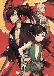  2boys amputee bald biwa_lute biwamaru black_hair black_kimono choker commentary_request dororo_(character) dororo_(tezuka) female flat_chest guest_art hyakkimaru_(dororo) instrument japanese_clothes katana kimono long_hair looking_at_viewer lute_(instrument) multiple_boys nitaka_(fujikichi) ponytail short_hair smile sword weapon 