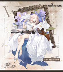  2024 assault_rifle aug_(blue_meditation)_(girls&#039;_frontline) aug_(girls&#039;_frontline) bare_legs blue_flower blue_gemstone breasts bridal_veil bud bullpup cello character_name closed_eyes commentary copyright_name dress english_commentary english_text female flower flower_request full_body gem girls&#039;_frontline gun high_heels highres instrument iris_(flower) jewelry long_hair medium_breasts mole mole_under_eye necklace no_socks official_alternate_costume official_art parted_bangs pearl_necklace petal_in_mouth picture_frame promotional_art puffy_short_sleeves puffy_sleeves purple_flower rifle ring samail second-party_source short_sleeves simple_background sitting solo steyr_aug torn_clothes torn_dress two-sided_dress two-sided_fabric veil very_long_hair weapon wedding_dress white_day white_dress white_flower white_footwear white_hair 