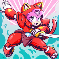  animal_ears armor blue_eyes cat_ears cat_girl cat_tail female furry furry_female helmet jd_benefield kyatto_ninden_teyandee looking_at_viewer open_mouth pururun_(kyatto_ninden_teyandee) red_armor smile solo sword tail weapon 