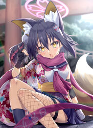  absurdres animal_ear_fluff animal_ears arm_support asymmetrical_legwear black_skirt black_socks blue_archive blurry chestnut_mouth commentary_request depth_of_field eyeshadow female fishnet_thighhighs fishnets fox_ears fox_girl fox_hair_ornament fox_shadow_puppet fox_tail hadanugi_dousa hair_between_eyes hair_ornament halo highres izuna_(blue_archive) japanese_clothes kneehighs knees_together_feet_apart knees_up long_hair long_sleeves looking_at_viewer makeup ninja oerba_yun_fang one_side_up outdoors pleated_skirt pom_pom_(clothes) pom_pom_hair_ornament red_eyeshadow red_scarf rope scarf school_uniform serafuku shimenawa sidelocks single_sock single_thighhigh sitting skirt socks solo tail thighhighs tomonx torii tree wide_sleeves 