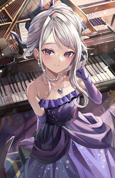  arm_behind_back arm_support bare_shoulders blue_archive blush breasts bright_pupils cleavage closed_mouth collarbone commentary cowboy_shot demon_horns dress drop_earrings earrings elbow_gloves eyelashes female gem glint gloves grand_piano grey_hair hair_bun hand_up happy highres hina_(blue_archive) hina_(dress)_(blue_archive) horns instrument jewelry light_particles lips long_dress long_hair looking_at_viewer mismatched_pupils necklace official_alternate_costume parted_bangs pearl_necklace piano purple_dress purple_eyes purple_gemstone purple_gloves single_hair_bun sitting small_breasts smile solo strapless strapless_dress suidou_chaahan tsurime 