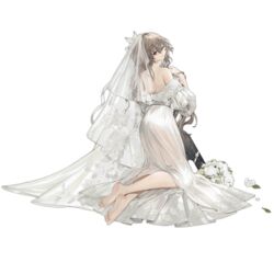  ass back barefoot bouquet bridal_veil brown_hair closed_mouth crossed_ankles dress feet female flower from_behind full_body girls&#039;_frontline hair_between_eyes hair_flower hair_ornament highres kneeling long_hair looking_at_viewer looking_back mole mole_under_eye off-shoulder_dress off_shoulder official_alternate_costume official_art red_eyes simple_background soles solo sp9_(drifting_snow)_(girls&#039;_frontline) sp9_(girls&#039;_frontline) strapless strapless_dress stribog_sp9 third-party_source toes transparent_background veil very_long_hair wedding_dress white_dress white_flower youamo 