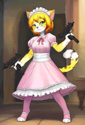  2023 4_toes 5_fingers anthro avocado_(mythrava) bangs bench blonde_hair bow_ribbon clothing colored digital_media_(artwork) digital_painting_(artwork) doorway dress dual_wielding eyebrows eyelashes feet felid female fingers floor frilly frilly_clothing frilly_dress fur green_eyes gun hair hi_res holding_gun holding_object holding_ranged_weapon holding_uzi holding_weapon inside jaguar leggings legwear long_tail maid_headdress maid_uniform mammal markings medium_hair multicolored_body multicolored_fur multicolored_hair multicolored_tail mythrava orange_hair pantherine paws pink_bow pink_clothing pink_dress pink_inner_ear pink_leggings pink_nose pose ranged_weapon shaded slim slim_anthro slim_female small_waist smile solo spots spotted_body spotted_fur spotted_markings spotted_tail standing stone_wall submachine_gun tail tail_markings tile tile_floor toes uniform uzi wall_(structure) weapon white_body white_fur white_headdress yellow_body yellow_fur yellow_tail 