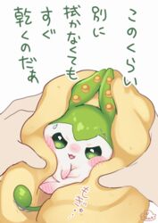  ambiguous_gender ambiguous_species anthro chibi drying duo elemental_creature flora_fauna hi_res human japanese_text mammal plant text towel translation_request voicevox yawaoru zundamon 