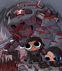  2girls apex_legends automaton_(helldivers) berserker_(helldivers) bisected black_eyes blood blue_eyes bone cable card catalyst_(apex_legends) chainsaw chibi conduit_(apex_legends) corpse cosplay crossover dark-skinned_female dark_skin english_commentary fusion glowing glowing_eyes helldiver_(helldivers) helldiver_(helldivers)_(cosplay) helldivers_(series) hiding highres holding holding_card looking_down looking_up mecha miyan_(oceanmaiden) multicolored_hair multiple_girls red_eyes revenant_(apex_legends) robot rocket_launcher scared short_hair streaked_hair weapon 