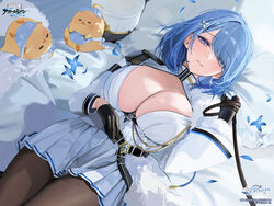  animal azur_lane bed_sheet belt bird black_belt black_gloves black_leash black_pantyhose blue_hair blush breasts brown_pantyhose chains chapayev_(azur_lane) chick cleavage cleavage_cutout closed_mouth clothing_cutout copyright_name copyright_notice female flower fur_trim gloves hair_ornament hair_over_one_eye hairclip half-closed_eyes hat highres holding holding_leash jacket large_breasts leash logo long_sleeves looking_at_viewer lying manjuu_(azur_lane) medium_hair military_hat miniskirt mole mole_on_breast momokan_(kandume200) non-web_source official_art on_back on_bed pantyhose peaked_cap petals pillow pleated_skirt pov purple_eyes skirt swept_bangs thighs unworn_hat unworn_headwear viewer_on_leash white_hat white_jacket white_skirt 