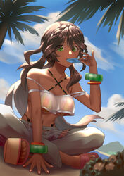  absurdres andromeda_(fate) andromeda_(second_ascension)_(fate) bandeau bare_shoulders beach bikini bikini_under_clothes blue_sky blush bracelet braid breasts brown_hair camisole cleavage criss-cross_halter crop_top cross-laced_clothes crown_braid d-l-l dark-skinned_female dark_skin denim fate/grand_order fate_(series) female food green_eyes grey_pants halterneck highleg highleg_bikini highres indian_style jeans jewelry large_breasts long_hair looking_at_viewer low_ponytail multicolored_bikini multicolored_clothes navel outdoors palm_tree pants popsicle rainbow_bikini sandals see-through sidelocks sitting sky smile solo strap_slip swimsuit tree underboob 