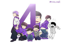  6+boys animalization antenna_hair ass bad_anatomy bad_hands black_hair blanket blazer bowl_cut buttons canine character_doll collared_shirt cosplay f6_(osomatsu-san) fukuyama_jun green_necktie grey_jacket idol idol_clothes jacket lolicon looking_at_another male_focus mascot_costume matsu_symbol matsuno_ichimatsu mooning multiple_boys multiple_persona necktie notice_lines osomatsu-kun osomatsu-san osomatsu-san_on_stage_-_six_men&#039;s_show_time osomatsu-san_the_movie osomatsu_(series) peeking_out plaid plaid_jacket raglan_sleeves rinko_ma2 see-through_body shirt smile surprised time_paradox voice_actor waving 