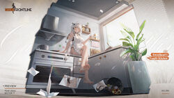  apron artist_request ass bare_legs black_bra black_panties bra breasts character_name choker cleavage cleaver closed_mouth commentary cooking_pot copyright_name crossed_legs english_commentary english_text feet female full_body girls&#039;_frontline green_eyes hair_ornament highres hk433_(girls&#039;_frontline) hk433_(sweetheart&#039;s_family_kitchen)_(girls&#039;_frontline) holding holding_knife indoors kitchen knife large_breasts long_hair looking_at_viewer nearly_naked_apron official_alternate_costume official_art on_counter oven panties photo_(object) plant potted_plant promotional_art second-party_source shelf sitting soles solo toes trash trash_can twintails underwear very_long_hair white_apron white_hair window_blinds 