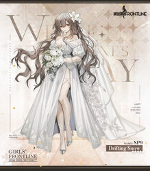  2024 bouquet breasts bridal_veil brown_hair character_name cleavage closed_mouth collarbone commentary copyright_name dress english_commentary english_text female flower full_body girls&#039;_frontline grey_footwear hair_between_eyes hair_flower hair_ornament high_heels highres holding holding_bouquet long_hair looking_at_viewer medium_breasts mole mole_under_eye off-shoulder_dress off_shoulder official_alternate_costume official_art promotional_art red_eyes second-party_source simple_background solo sp9_(drifting_snow)_(girls&#039;_frontline) sp9_(girls&#039;_frontline) standing strapless strapless_dress veil very_long_hair wedding_dress white_day white_dress white_flower youamo 