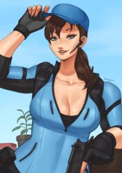  absurdres backpack bag baseball_cap blue_bodysuit blue_eyes blue_sky bodysuit breasts brown_hair cleavage collarbone dated earpiece english_commentary eyelashes female fingerless_gloves fingernails gloves gun hair_over_shoulder handgun hat highres jill_valentine large_breasts leaning_on_object lips mole mole_on_chest nire_(nirefuster) outdoors parted_lips plant ponytail potted_plant resident_evil resident_evil_(movie) signature sky smile solo sweat upper_body weapon 