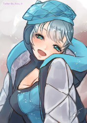  absurdres animification anzu_(x_anzu_ill) apex_legends beret black_bodysuit black_jacket blue_bodysuit blue_eyes blue_hat blush bodysuit breasts cleavage cleavage_cutout clothing_cutout female grey_hair hat haute_drop_wattson highres hood hood_down hood_up hooded_bodysuit jacket looking_at_viewer medium_breasts official_alternate_costume open_mouth signature smile solo twitter_username two-tone_bodysuit wattson_(apex_legends) 