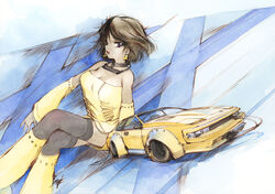  black_eyes black_hair black_thighhighs boots breasts cable car cleavage detached_sleeves dress earrings female hi_fumiyo highres jewelry looking_at_viewer medium_breasts motor_vehicle original personification red_lips shadow short_hair sitting sports_car thighhighs toyota toyota_celica traditional_media vehicle_request yellow_car yellow_dress yellow_footwear 