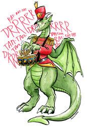  2024 ambiguous_gender anthro belly_scales bottomless cervelet claws clothed clothing digitigrade dragon drumming drumming_stick drumstick_(musical) epaulet european_mythology forked_tongue green_body green_scales hat headgear headwear hi_res horn looking_down marching_band_uniform membrane_(anatomy) membranous_wings motion_lines mythological_creature mythological_scalie mythology onomatopoeia percussion_mallet scales scalie semi-anthro simple_background smile solo sound_effects spade_tail tail text thick_tail tongue tongue_out traditional_media_(artwork) western_dragon white_background wide_hips wings yellow_eyes 