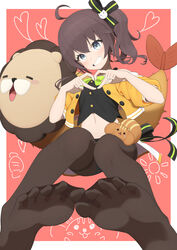  absurdres ahoge black_ribbon blush border bow bowtie brown_hair brown_pantyhose chipmunk cropped_jacket cropped_shirt ebi_frion_(natsuiro_matsuri) eyelashes feet female foot_focus foreshortening green_bow green_bowtie grey_eyes hair_between_eyes hands_up heart heart_hands highres hololive jacket legs long_hair looking_at_viewer lunch_boxer matsurisu midriff natsuiro_matsuri natsuiro_matsuri_(1st_costume) navel no_shoes one_side_up orange_jacket panties panties_under_pantyhose pantyhose pink_background ribbon side_ponytail sidelocks sitting smile soles spread_toes squirrel striped_clothes striped_panties thighband_pantyhose toes unbuttoned_jacket underwear virtual_youtuber white_border 