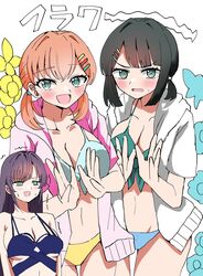  3girls :d alternate_color alternate_hairstyle bikini black_hair blue_bikini blunt_bangs breasts cleavage collarbone commentary cosplay crossed_bangs embarrassed floral_background front-tie_bikini_top front-tie_top green_bikini green_eyes hair_down hair_ornament hair_up hairclip hands_up highres hinoshita_kaho hinoshita_kaho_(cosplay) hood hood_down hooded_jacket jacket jacket_over_swimsuit large_breasts link!_like!_love_live! long_hair looking_at_viewer love_live! low_twintails matching_outfits medium_breasts medium_hair mismatched_bikini momose_ginko multiple_girls official_alternate_costume official_alternate_hairstyle open_clothes open_hands open_jacket open_mouth orange_hair otomune_kozue pink_jacket purple_hair rikku_ito short_hair sidelocks smile sweat sweatdrop swimsuit trembling twintails v-shaped_eyebrows virtual_youtuber white_background white_jacket yellow_bikini 