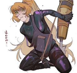  black_bodysuit bodysuit chinese_commentary chinese_text commentary_request female freckles full_body hand_up harpoon harpoon_gun highres holding ishmael_(project_moon) limbus_company long_hair looking_at_viewer orange_hair parted_lips ponytail project_moon rope simple_background solo thigh_strap translation_request very_long_hair vest wet white_background yellow_eyes yulei_yuuuuu 