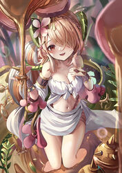  :d bare_shoulders blonde_hair blurry blush breasts cleavage clothing_request collarbone commentary_request demon_girl demon_horns depth_of_field eyelashes female flower foot_out_of_frame grey_hair hair_flower hair_ornament hair_over_one_eye hairclip hand_on_own_chest hands_up happy highres horns large_breasts leaf long_bangs long_hair looking_at_viewer multicolored_hair navel one_eye_covered open_mouth pink_flower red_eyes skirt smile solo standing suidou_chaahan thighs traptrix_pinguicula two-tone_hair very_long_hair white_skirt yu-gi-oh! 