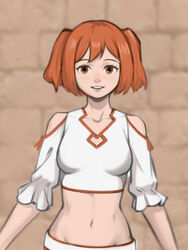  a-pose bare_shoulders belt blurry blurry_background bob_cut breasts brick_wall brown_eyes clothing_cutout collarbone commentary crop_top cropped_shirt depth_of_field female frilled_sleeves frills highres kanne_(sousou_no_frieren) looking_at_viewer medium_breasts midriff navel orange_hair parted_lips shirt short_hair short_sleeves shoulder_cutout smaragdus smile solo sousou_no_frieren standing straight-on two_side_up upper_body white_belt white_shirt 