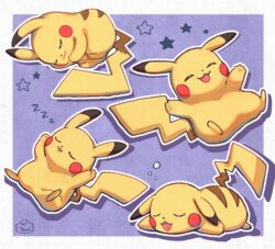  =w= ambiguous_gender anthro border cheek_spots closed_eyes daww dipstick_ears ear_markings fur generation_1_pokemon grey_border hi_res multicolored_ears multiple_poses nintendo pikachu pokemon pokemon_(species) pose purple_background red_cheeks signature simple_background sleeping solo sound_effects star vowelless vowelless_sound_effect yawaoru yellow_body yellow_fur zzz 