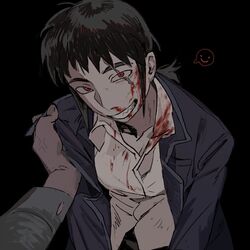  1other black_hair black_jacket blood blood_on_clothes blood_on_face chinese_commentary collar_grab collared_jacket collared_shirt commentary_request female grin highres jacket long_hair long_sleeves looking_at_viewer muted_color nosebleed original pov red_eyes scar scar_across_eye sharp_teeth shirt sidelocks smile solo_focus spoken_expression teeth yulei_yuuuuu 