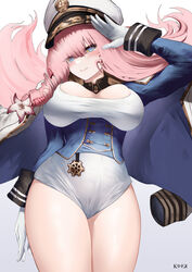  blue_corset blue_eyes blush_stickers breasts brown_dust_2 cleavage corset dress eyebrows_hidden_by_hair feet_out_of_frame female flower gloves hair_between_eyes hair_flower hair_ornament hat highres jacket jacket_on_shoulders kainines large_breasts long_hair looking_at_viewer looking_down military_hat military_jacket pink_hair salute signature simple_background solo sylvia_(brown_dust) thick_thighs thighs underboob very_long_hair white_background white_dress white_gloves 