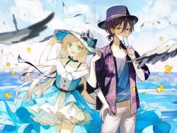  1boy :d adapted_costume alice_(arcaea) alternate_costume arcaea back_bow bird black_bow black_hair black_hat black_ribbon black_shirt black_undershirt blonde_hair blue_dress blue_eyes blue_flower blue_ribbon blue_rose bow breasts cleavage cloud collarbone commentary_request cowboy_shot day dress falling_petals female flower food frilled_dress frills hands_on_headwear hands_up hat hat_flower hat_ribbon highres holding holding_food holding_popsicle long_hair looking_at_viewer neck_ribbon ocean open_mouth outdoors pants petals ponytail popsicle purple_ribbon red_eyes ribbon rose ryuh_(asahina_neru) seagull shirt short_hair short_ponytail short_sleeves smile standing summer swimsuit swimsuit_under_clothes tenniel_(arcaea) waist_ribbon white_hat white_pants yellow_petals 