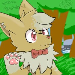  1:1 2023 artfight2023 bow_tie day ear_piercing ears_up eeveelution feral forest forest_background fur generation_1_pokemon hair happy hi_res jolteon male multicolored_body multicolored_fur multicolored_hair nature nature_background neck_tuft nintendo pawpads paws piercing plant pokemon pokemon_(species) red_eyes red_nose red_pawpads signature solo star_umbreon tree tuft tuni_(tunibarks) two_tone_body two_tone_fur two_tone_hair white_body white_fur yellow_body yellow_fur 