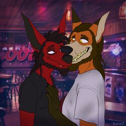  1:1 anthro beard bedroom_eyes canid canine canis clothing duo facial_hair fox foxmusk hand_on_chest male male/male mammal narrowed_eyes nico_(foxmusk) photo_background photography_(artwork) redneck seductive swamp_(character) toothy_grin 