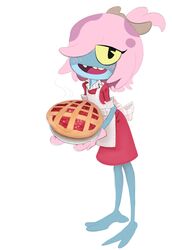  amphibia_(series) amphibian anthro apron blue_body blue_skin blush clothing disney eyelashes female food frog hair hi_res looking_at_viewer maddie_flour open_mouth pastry pie pink_hair solo thin_calves unknown_artist yellow_eyes 