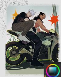  2boys absurdres alternate_skin_color art_program_in_frame black_gloves black_hair black_pants blue_eyes brown_eyes couple dark-skinned_male dark_skin driving earrings getou_suguru gloves gojou_satoru hair_bun highres jewelry jujutsu_kaisen long_hair male_focus motor_vehicle motorcycle multiple_boys on_motorcycle pants parted_lips pillion sharp_teeth shirt short_hair sleeveless sleeveless_shirt smile stud_earrings teeth to_0fu toned toned_male tongue tongue_out white_eyelashes white_footwear white_shirt yaoi 