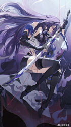  absurdres acheron_(honkai:_star_rail) asymmetrical_footwear black_choker black_gloves black_shorts boots breasts chains choker coat coattails detached_sleeves female gloves highres holding holding_sword holding_weapon honkai:_star_rail honkai_(series) long_hair midriff multicolored_hair navel purple_eyes purple_hair scabbard sheath sheathed short_shorts shorts sideboob single_bare_shoulder solo stomach streaked_hair string sword thigh_boots weapon white_coat ye_xing_caomei 