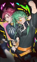  2boys arm_around_neck arm_up belt_collar black_shirt collar compression_shirt evildoragon ezreal green_eyes green_hair heartsteel_(league_of_legends) heartsteel_ezreal heartsteel_kayn heterochromia highres kayn_(league_of_legends) league_of_legends long_hair male_focus multiple_boys official_alternate_costume open_mouth orange-tinted_eyewear red_eyes red_hair round_eyewear shirt skin_tight smile teeth tinted_eyewear tongue twitter_username upper_body yellow_eyes 