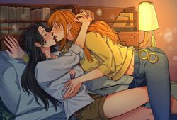  2girls arms_around_neck bed black_hair blush bookshelf breasts cleavage closed_eyes denim ear_piercing earrings highres imminent_kiss indoors jewelry large_breasts long_hair long_sleeves midriff multiple_girls nami_(one_piece) nico_robin one_piece onti999 open_clothes orange_hair pants piercing pillow shorts stomach sweat tongue tongue_out yellow_eyes yuri 