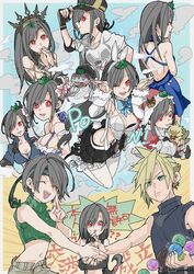  1boy 6+girls aroused_nosebleed black_hair blonde_hair blood breasts clone cloud_strife crop_top final_fantasy final_fantasy_vii final_fantasy_vii_ever_crisis final_fantasy_vii_rebirth final_fantasy_vii_remake frog front-tie_top hand_gesture handshake highres kuji-in large_breasts leaf leaf_on_head long_hair low-tied_long_hair materia multiple_girls multiple_persona nosebleed official_alternate_costume official_alternate_hairstyle open_fly oshibainoticket princess_rosa_costume red_eyes sleeveless sleeveless_turtleneck smile tiara tifa_lockhart tifa_lockhart_(bunny_bustier) tifa_lockhart_(fairy_of_the_holy_flame) tifa_lockhart_(lifeguard) tifa_lockhart_(loveless_dress) tifa_lockhart_(majestic_glamour) tifa_lockhart_(refined_dress) tifa_lockhart_(shining_spirit) translation_request turtleneck yuffie_kisaragi 