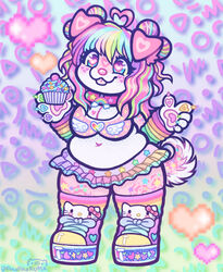  2021 absolute_territory abstract_background ahoge alternative_fashion anthro arm_warmers armwear bangs biped blue_eyes bottomwear breasts canid canine canis claws cleavage clothed clothing colorful_theme cupcake dancewear decora_(fashion) domestic_dog fairy_kei female folded_ears food footwear fur hair handpaw heart_ahoge heart_eyes heart_symbol hello_kitty_(character) hello_kitty_(series) hi_res holding_cupcake holding_food holding_object hollow_platform_footwear icon j-fashion kemono mammal multicolored_arm_warmers multicolored_armwear multicolored_body multicolored_clothing multicolored_footwear multicolored_fur multicolored_hair multicolored_pawpads multicolored_shoes multicolored_skirt multicolored_socks multicolored_topwear overweight overweight_anthro overweight_female pastel_theme pawpads paws pekopekokuma pink_body pink_fur pink_nose platform_footwear platform_shoes rainbow_arm_warmers rainbow_armwear rainbow_claws rainbow_clothing rainbow_footwear rainbow_hair rainbow_pawpads rainbow_socks sanrio shoes signature skirt socks solo sparklefur standing tail tongue tongue_out topwear tutu 