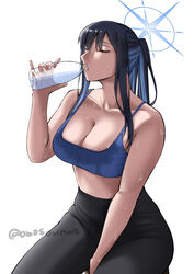  absurdres alternate_costume between_legs bike_shorts black_hair black_pants blue_archive blue_hair blue_sports_bra bottle breasts broad_shoulders closed_eyes collarbone drinking english_commentary female halo hand_between_legs highres holding holding_bottle large_breasts long_bangs midriff obosounds pants ponytail saori_(blue_archive) sidelocks simple_background sitting solo sports_bra sweat sweat_stain sweaty_clothes twitter_username underwear water_bottle white_background yoga_pants 