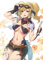  :d adjusting_eyewear au_ra belt bikini bikini_top_only black_bikini black_gloves black_shorts blonde_hair blue_eyes braid breasts commentary_request commission cowboy_shot crown_braid denim denim_shorts dragon_girl dragon_horns dragon_tail earrings female final_fantasy final_fantasy_xiv fingerless_gloves floral_background flower glint gloves goggles goggles_on_head hand_on_eyewear highres holding holding_wrench horns jewelry looking_at_viewer medium_hair midriff mokokoiro navel neckerchief open_mouth orange_flower red_neckerchief scales short_shorts shorts side_ponytail simple_background skeb_commission smile solo standing striped_neckerchief sweat swept_bangs swimsuit tail thigh_strap towel towel_around_neck unworn_goggles warrior_of_light_(ff14) white_background wrench 