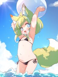  animal_ear_fluff animal_ears antenna_hair armpits arms_up babalilo babalilo_(babalilo) ball beachball bikini black_bikini blue_eyes blue_sky blush commentary_request cowboy_shot female flat_chest fox_ears fox_girl fox_tail green_hair highres holding holding_ball holding_beachball looking_at_viewer medium_hair navel oerba_yun_fang open_mouth original outdoors partially_submerged side-tie_bikini_bottom skin_fang sky smile solo sunlight swimsuit tail tareme thick_eyebrows variant_set water wet 