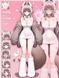  :3 @_@ absurdres ahoge anger_vein animal_collar animal_ear_fluff animal_ears animal_feet animal_hands artist_name bandaid bandaid_on_leg blush breasts brown_hair brown_jacket character_name cleavage clickdraws collar covered_navel dress expressions female fox_ears fox_girl fox_tail foxplushy glasses gradient_hair grey_eyes headphones headphones_around_neck heart heart-shaped_pupils heart_collar highres indie_virtual_youtuber jacket large_breasts long_hair multicolored_hair open_clothes open_jacket open_mouth pink_background round_eyewear short_dress symbol-shaped_pupils tail tearing_up virtual_youtuber white_dress white_hair 