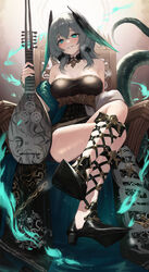  aqua_eyes arknights bare_shoulders black_choker black_dress black_footwear breasts choker cleavage commentary crossed_legs dress female grey_hair grin head_tilt head_wings high_heels highres ho&#039;olheyak_(arknights) ho&#039;olheyak_(carriage_of_the_winds_of_time)_(arknights) holding holding_instrument instrument large_breasts looking_at_viewer medium_hair off_shoulder official_alternate_costume smile snake_tail solo strapless strapless_dress tail thighs wings zayur 