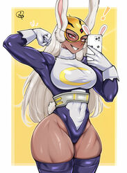  ! absurdres almualim alternate_costume animal_ears arm_up blush boku_no_hero_academia border breasts camera_flash cellphone clenched_hand covered_abs covered_navel crescent_print curvy dark-skinned_female dark_skin english_commentary female flexing fur_collar gloves grin highleg highleg_leotard highres holding holding_phone large_breasts leotard long_eyelashes long_hair looking_at_viewer mirko muscular muscular_female phone purple_thighhighs rabbit_ears rabbit_girl rabbit_tail red_eyes selfie signature smartphone smile solo tail taut_leotard thick_thighs thighhighs thighs two-tone_leotard very_long_hair white_border white_gloves white_hair wide_hips yellow_background yellow_mask 