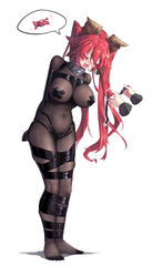  1other :d absurdres applying_gag ball_gag blush bodystocking bondage bound bound_arms bound_legs breasts candy closed_eyes collar commentary_request disembodied_hand female food full_body gag hair_ribbon highres horns large_breasts long_hair metal_collar monoglove oerba_yun_fang original pasties red_hair ribbon shadow skin_fang smile speech_bubble standing tape tape_bondage tape_on_nipples twintails variant_set very_long_hair white_background wiffle_gag xiongmao 