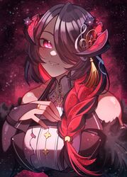  absurdres black_hair braid breasts colored_inner_hair craymer demon_horns female highres hololive hololive_english horns large_breasts long_hair looking_at_viewer mamarissa mature_female mole mole_under_eye multicolored_hair red_eyes red_hair smile solo two-tone_hair upper_body virtual_youtuber 